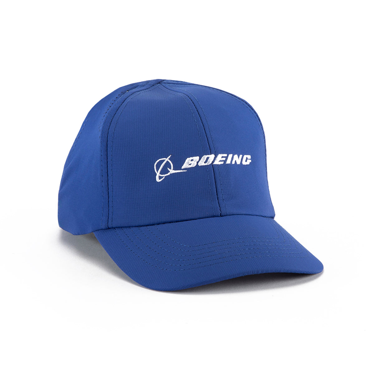 The Boeing Signature Logo Performance Hat by BOEING features the company name and stylized icon embroidered in white on blue, with white stitching and a performance sweatband for comfort.