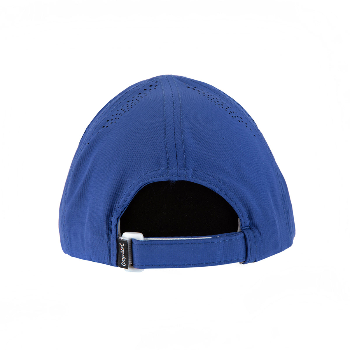 The Boeing Signature Logo Performance Hat by BOEING is shown from the back in royal blue, featuring an adjustable strap with metal buckle and small ventilation holes on the top panels. The background is plain white.
