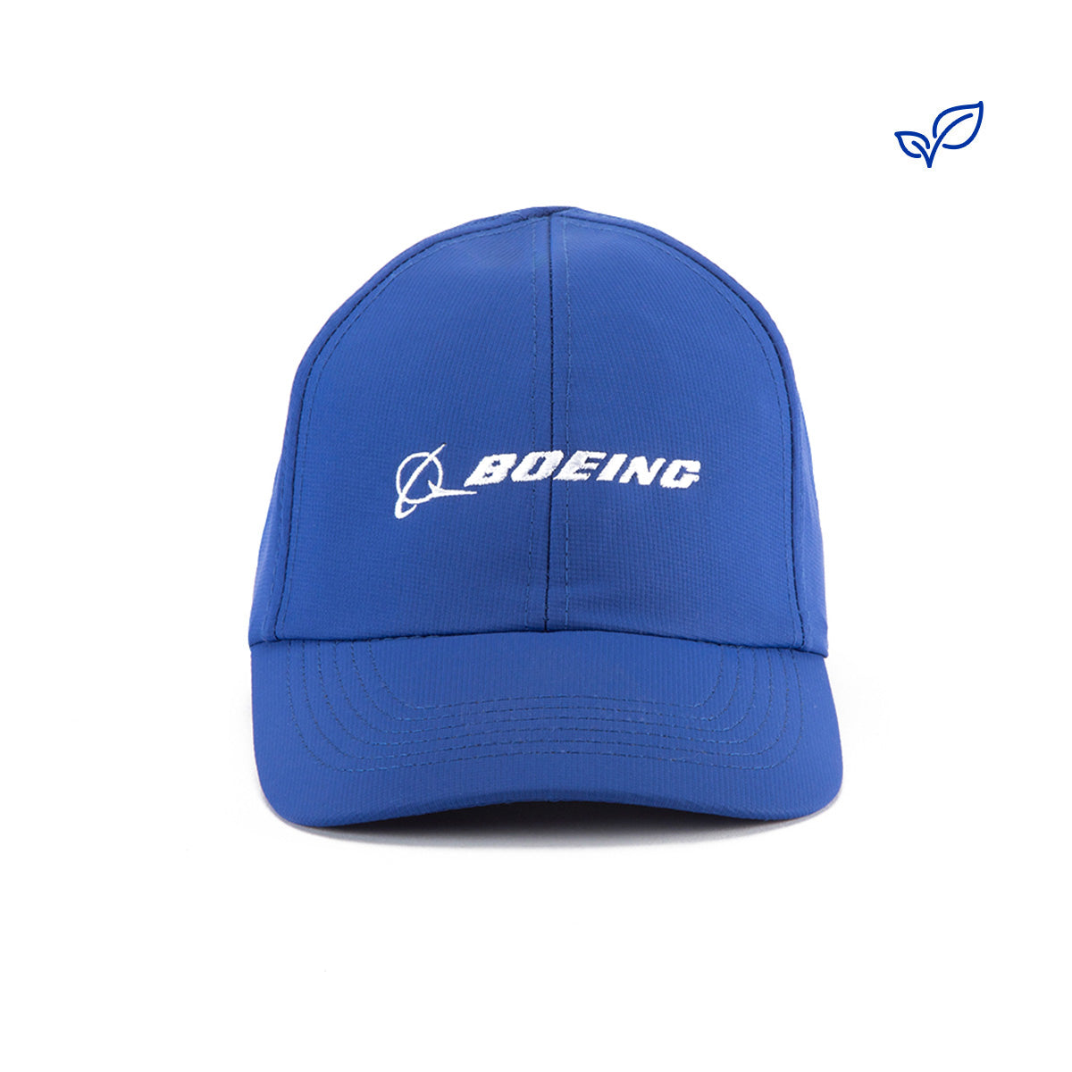 The Boeing Signature Logo Performance Hat by BOEING features a blue design with white text on the front, celebrating aviation heritage, and is shown against a plain white background.