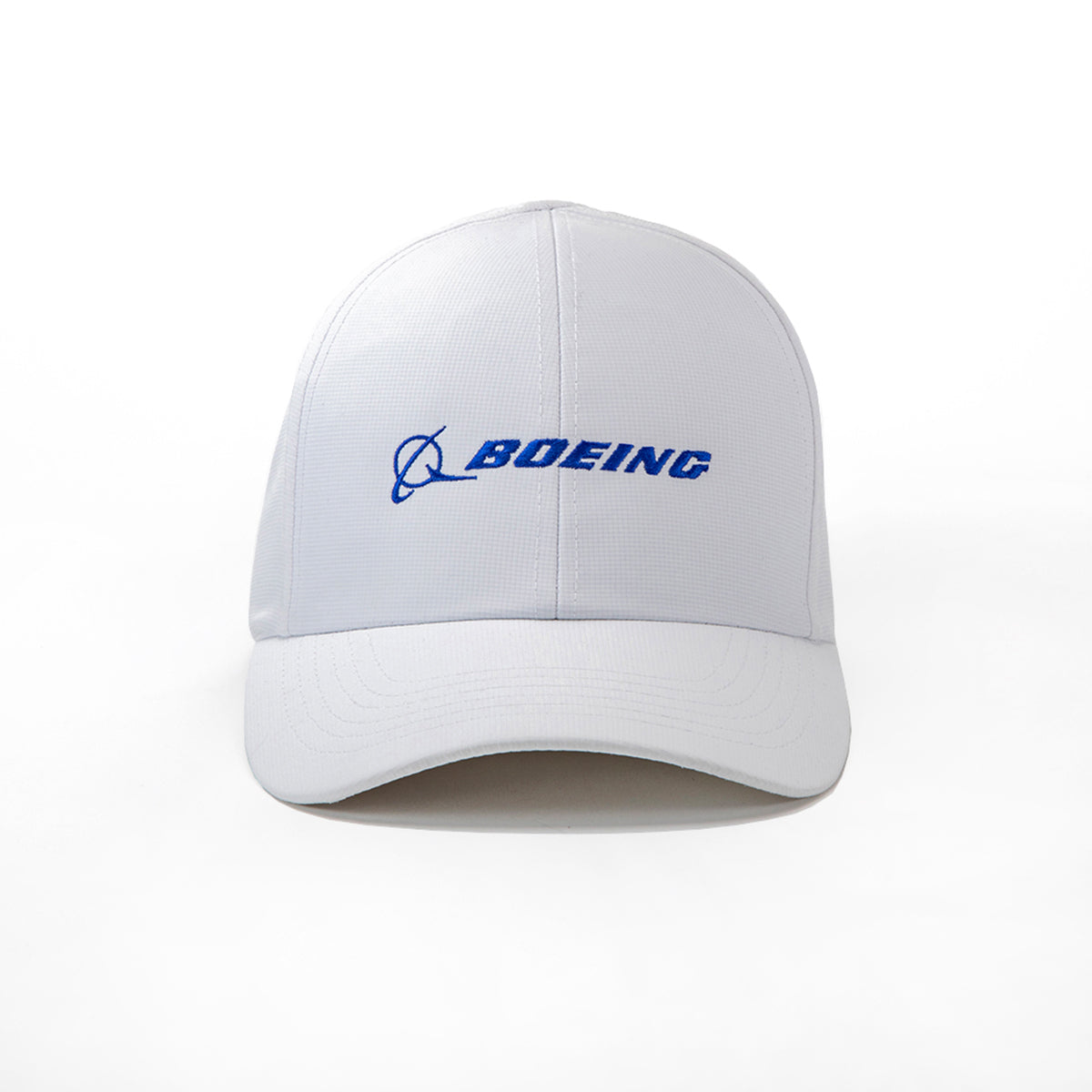 The Boeing Signature Logo Performance Hat by BOEING features the iconic blue logo and text on a white cap, showcased against a plain white background—ideal for aviation enthusiasts.