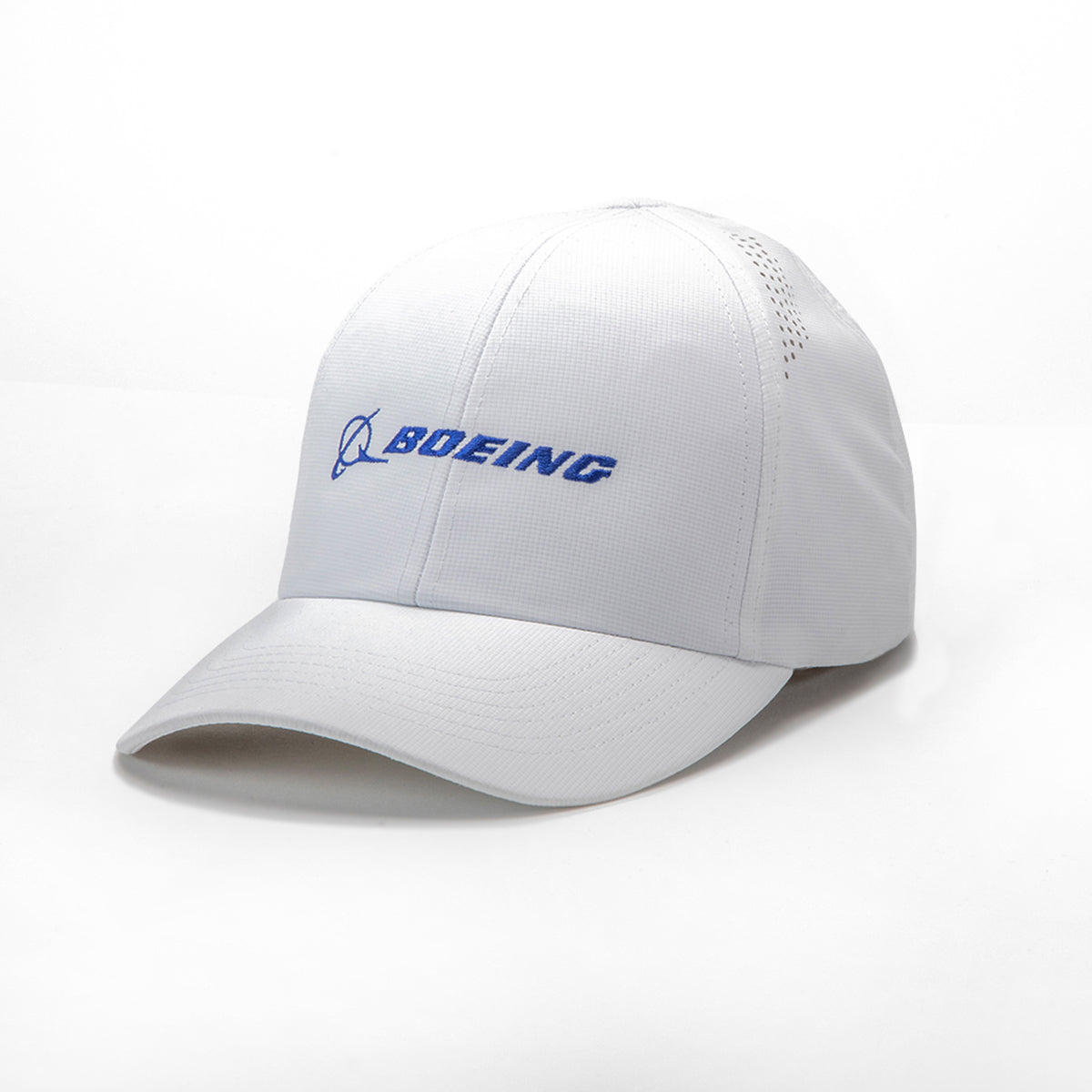 The Boeing Signature Logo Performance Hat by BOEING is a white aviation heritage cap featuring the iconic blue Boeing logo and text on the front, shown against a plain white background.