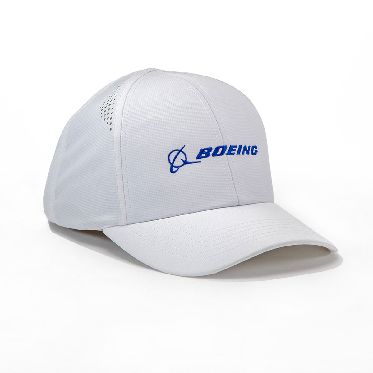 The Boeing Signature Logo Performance Hat by BOEING is white with a blue Boeing logo and text on the front, shown against a plain white background.