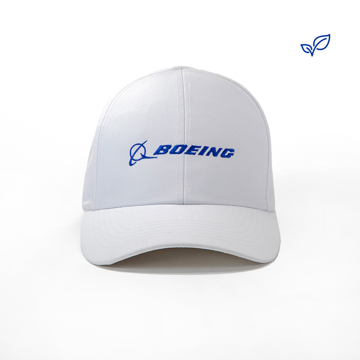 The Boeing Signature Logo Performance Hat by BOEING features the iconic blue logo and text on a white cap, showcased against a plain white background—ideal for aviation enthusiasts.