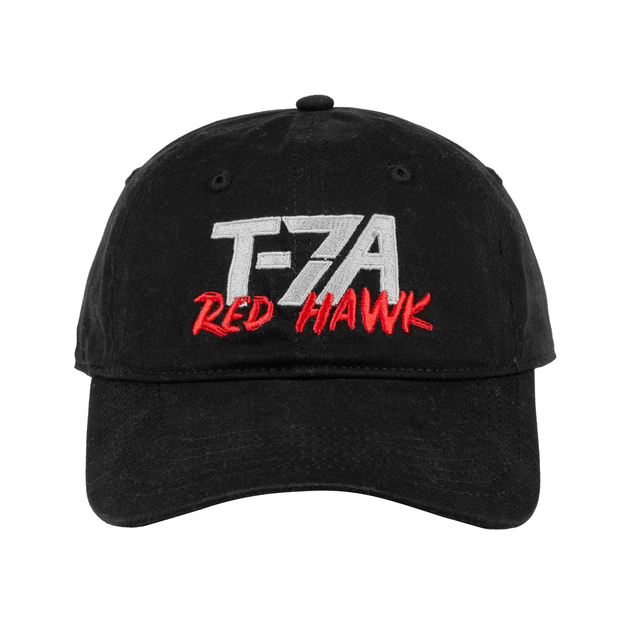 The Boeing T-7A Red Hawk Graphic Hat by BOEING features T-7A in gray and RED HAWK in red on a black cap—a great choice for Boeing fans and aviation enthusiasts.