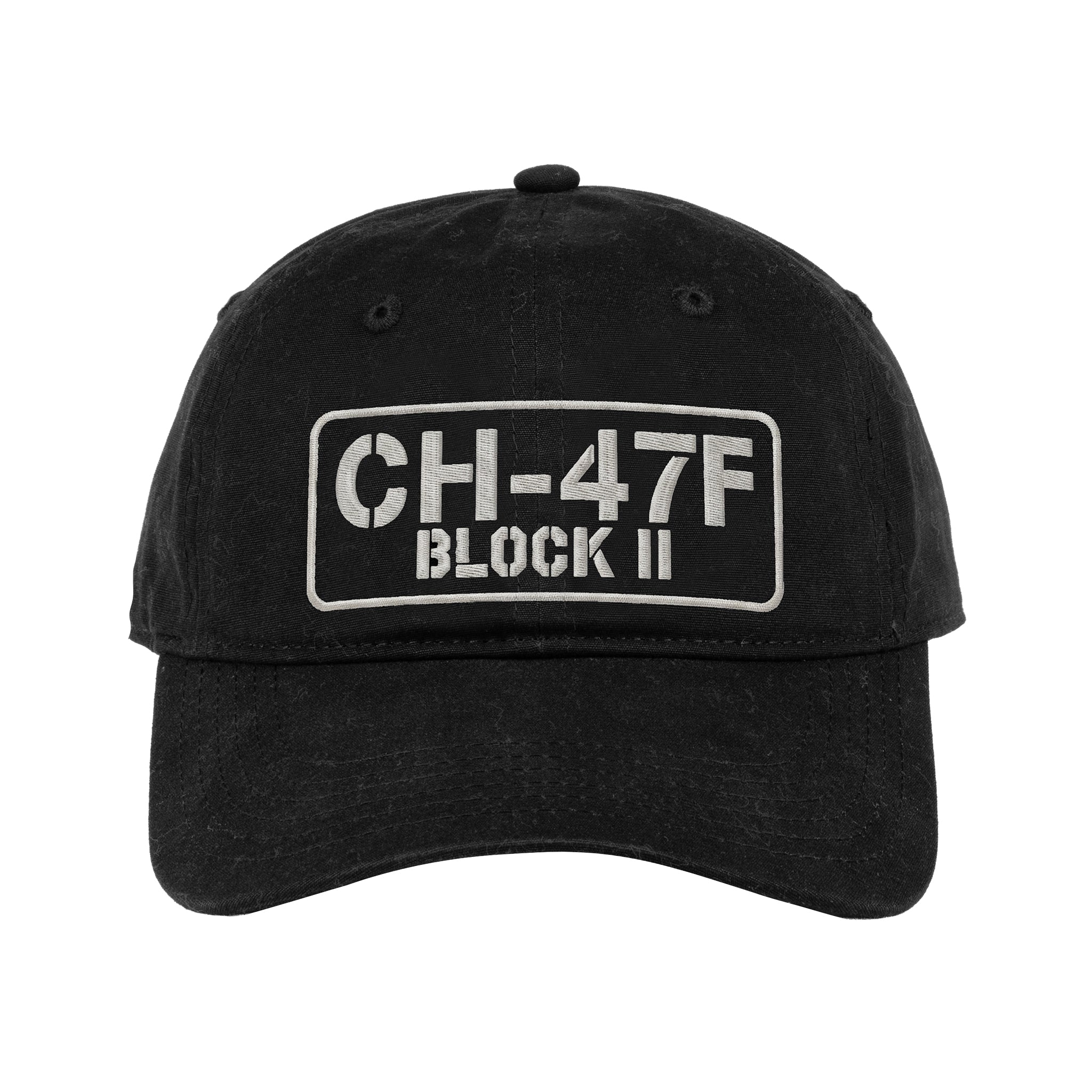 The Boeing CH-47F Block II Graphic Hat by BOEING features a black design and a front rectangular patch with bold white CH-47F BLOCK II lettering—ideal for fans of aviation and Boeing supporters.