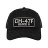 The Boeing CH-47F Block II Graphic Hat by BOEING features a black design and a front rectangular patch with bold white CH-47F BLOCK II lettering—ideal for fans of aviation and Boeing supporters.