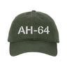The BOEING AH-64 Apache Graphic Hat features bold white "AH-64" embroidery on a green cap—ideal for AH-64 Apache enthusiasts and Boeing fans.
