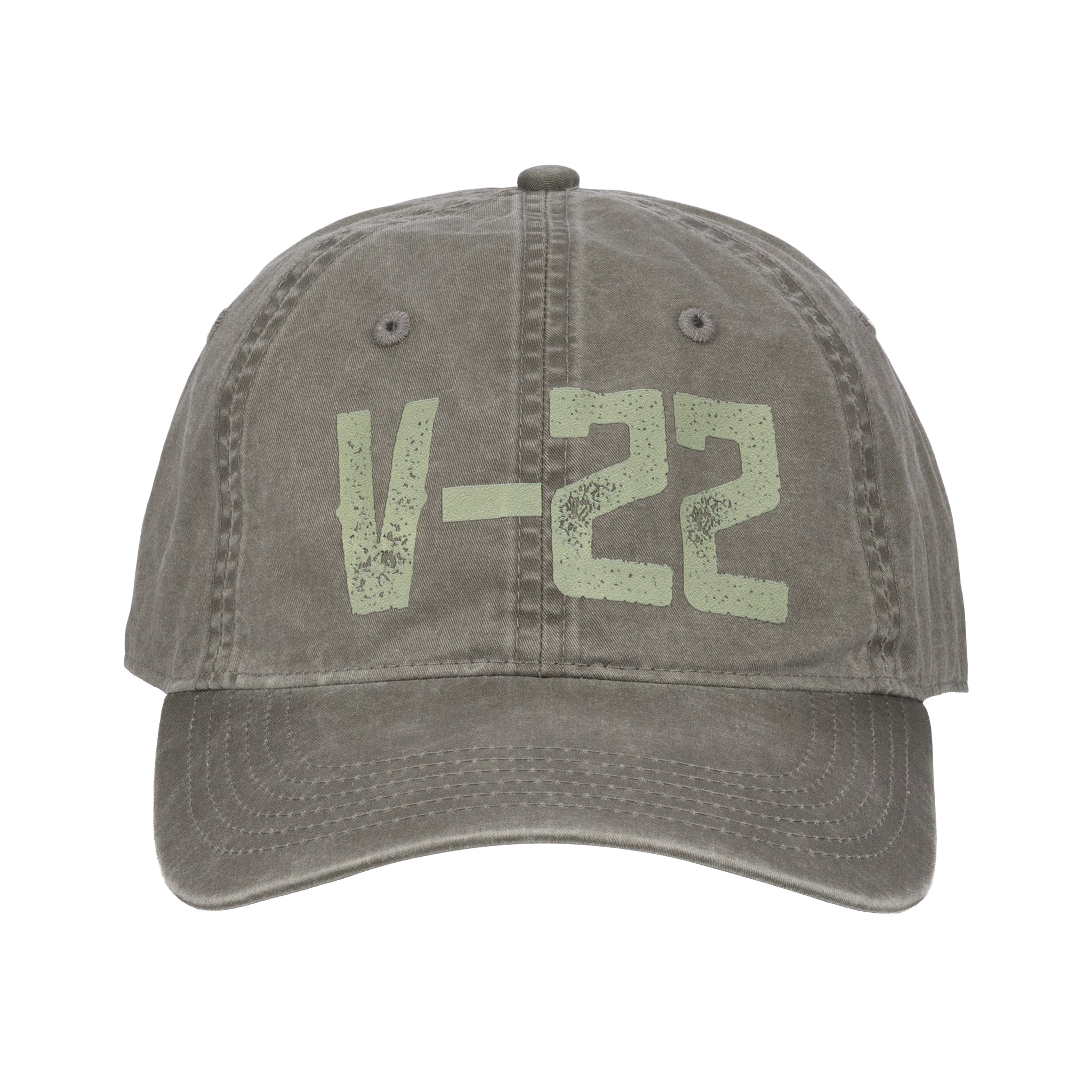 The Boeing V-22 Osprey Graphic Hat by BOEING is gray with a weathered finish and bold light green "V-22" text on the front—an ideal pick for aviation fans and Boeing supporters.