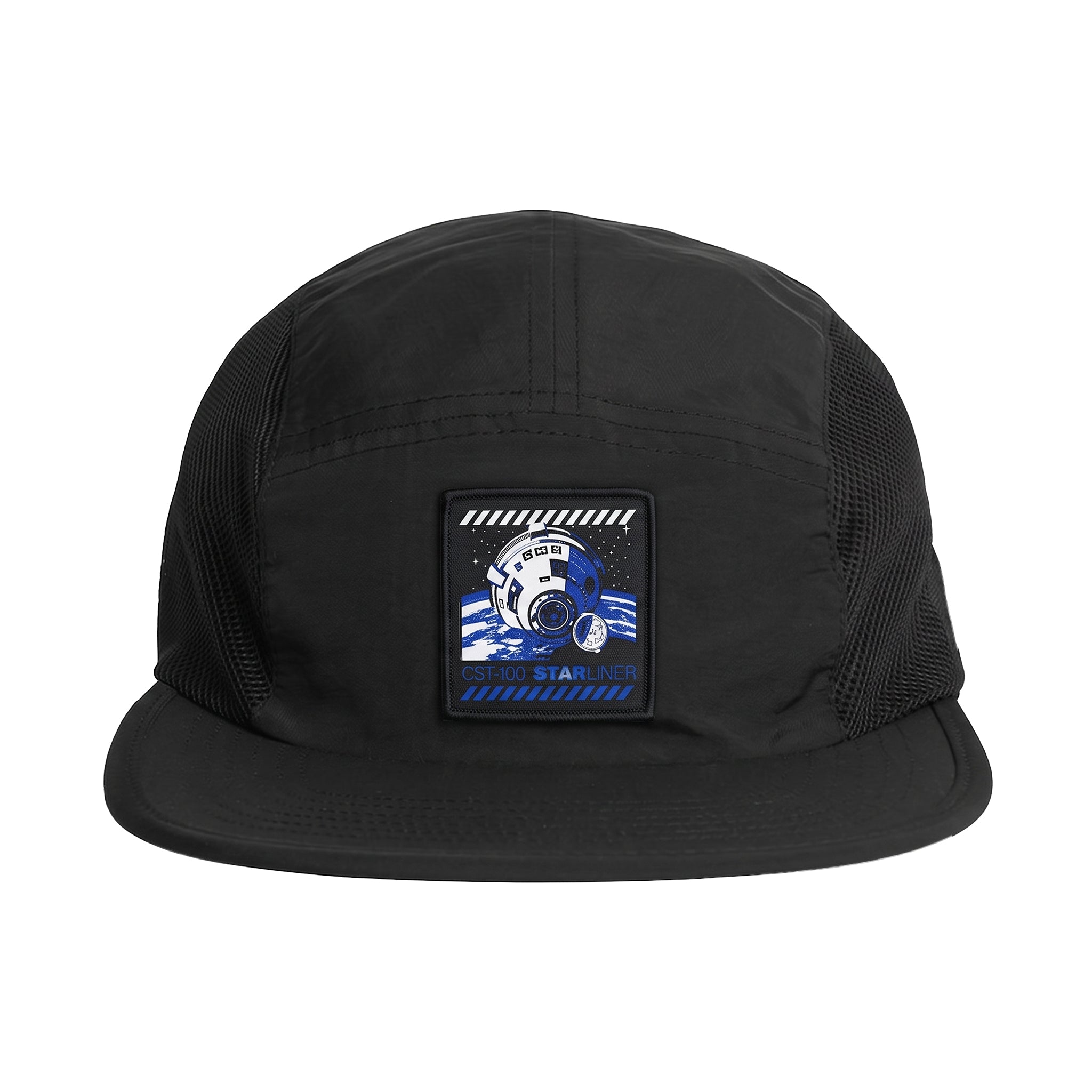 The Boeing CST-100 Starliner Graphic Hat by BOEING is a black hat with mesh side panels and a front patch featuring the spacecraft, blue waves, and "CST-100 STARLINER"—ideal for BOEING fans and space lovers.