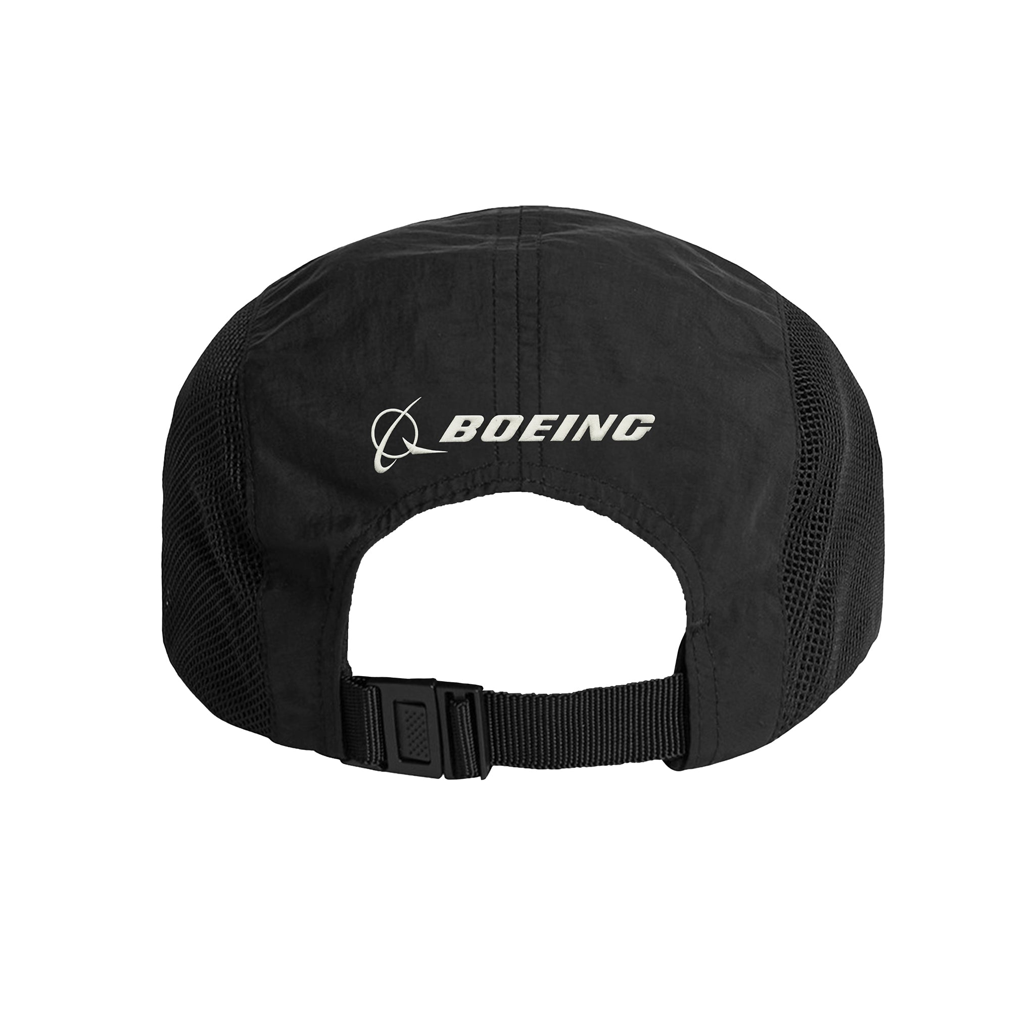 Back view of the Boeing CH-47F Block II Graphic Hat in black, featuring a white BOEING logo, adjustable plastic buckle strap, and mesh sides—ideal for brand fans and aviation enthusiasts.