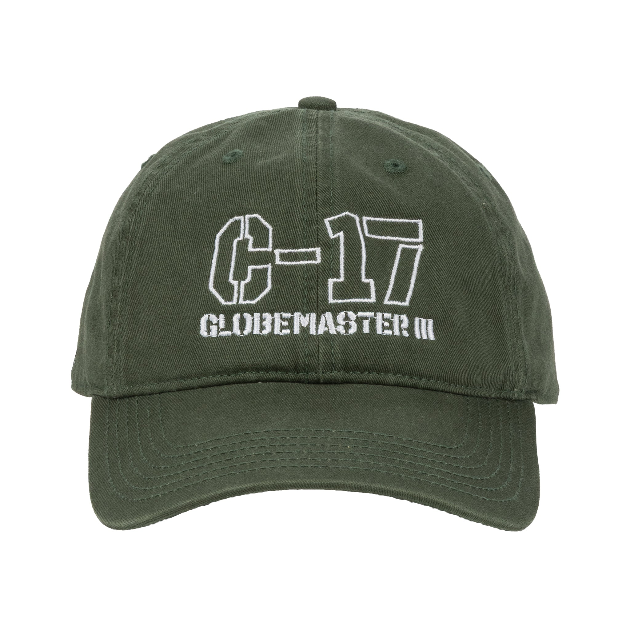 The Boeing C-17 Globemaster III Graphic Hat by BOEING features an olive green design with white embroidered C-17 and GLOBEMASTER III text—ideal for aviation fans and Boeing enthusiasts.