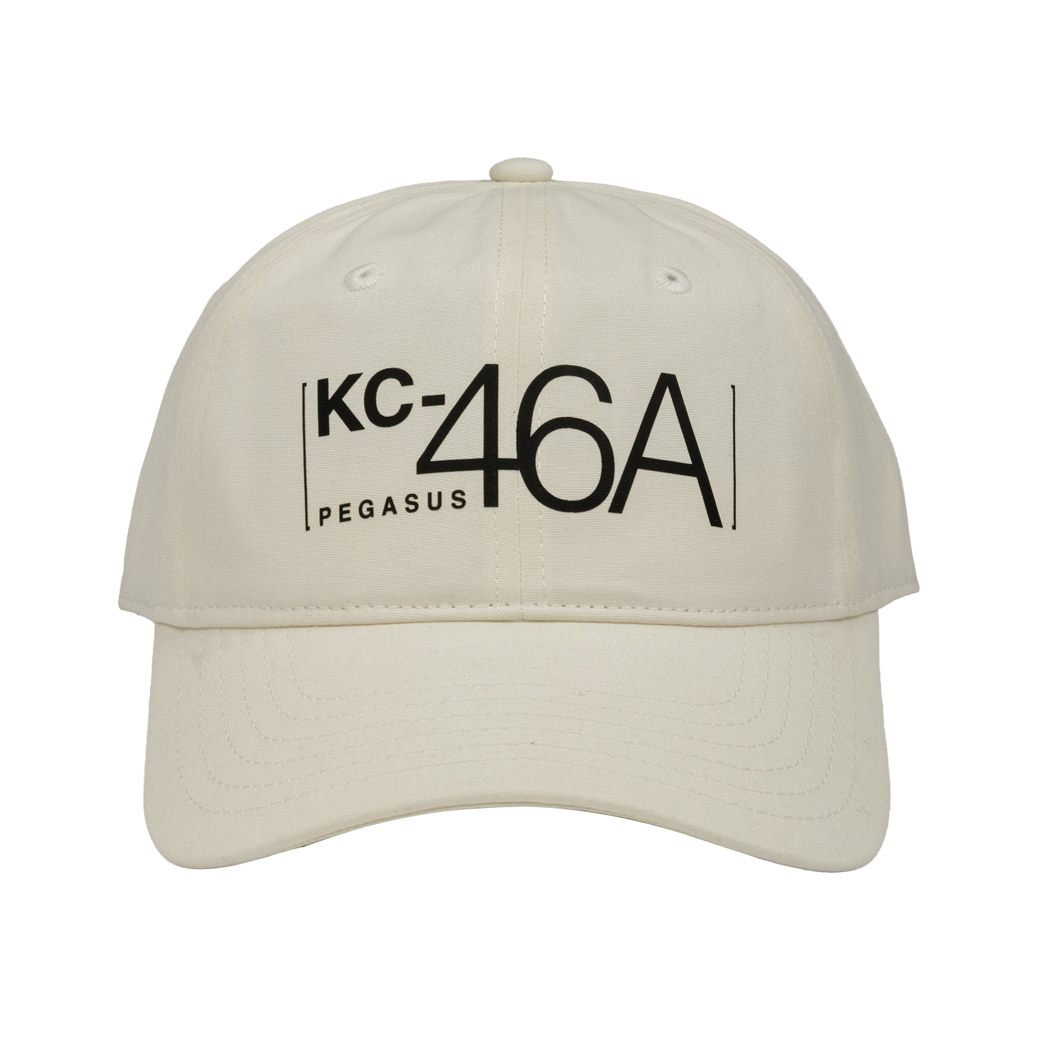 The Boeing KC-46A Pegasus Graphic Hat by BOEING features bold "KC-46A PEGASUS" lettering on a white cap—ideal for aviation fans and Boeing enthusiasts.