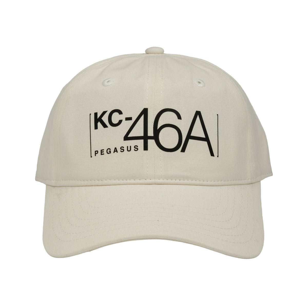 The Boeing KC-46A Pegasus Graphic Hat by BOEING features bold "KC-46A PEGASUS" lettering on a white cap—ideal for aviation fans and Boeing enthusiasts.