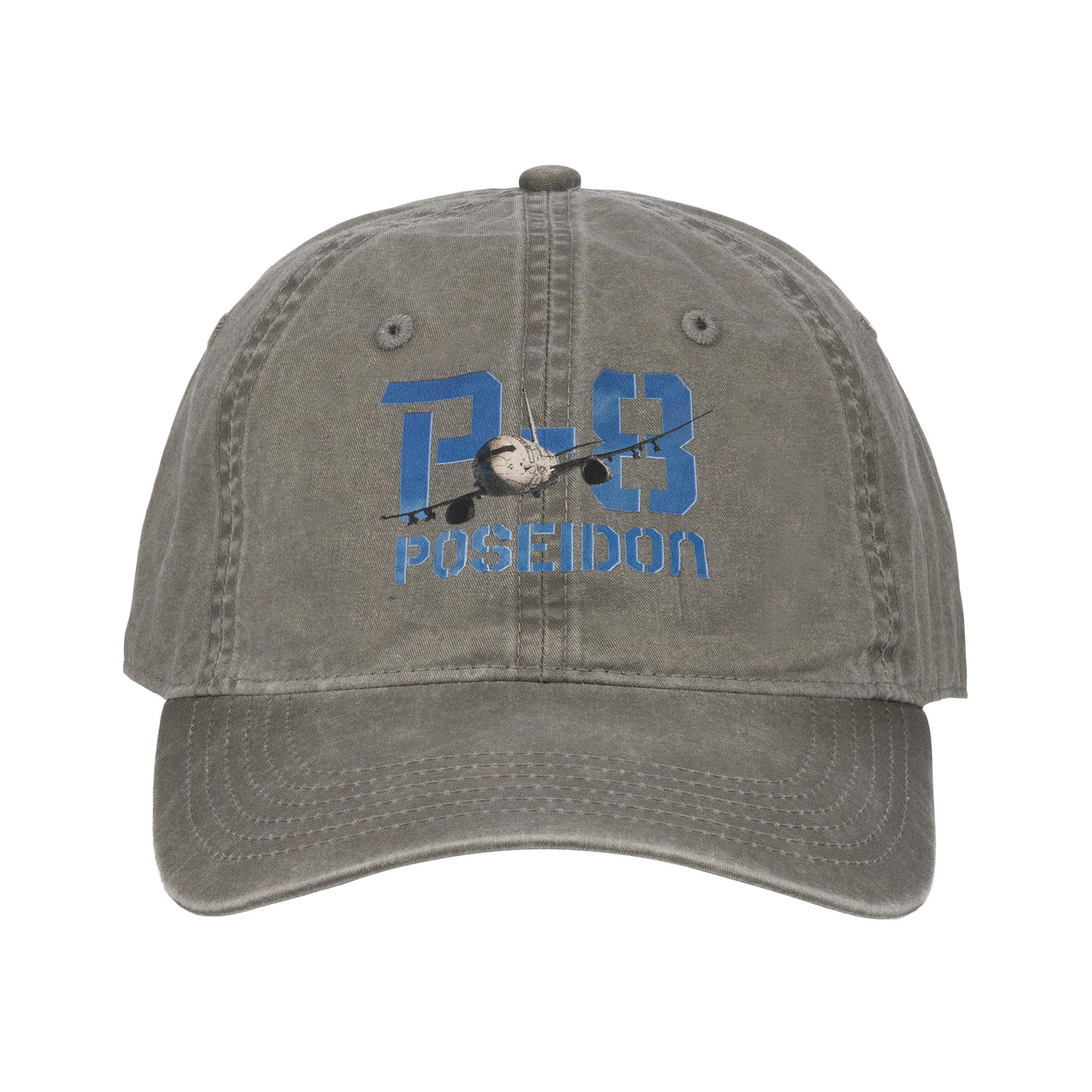The BOEING P-8A Poseidon Graphic Hat is a gray baseball cap with an airplane graphic, bold blue "P-8" lettering, and "POSEIDON" beneath—ideal for aviation fans and P-8A Poseidon enthusiasts.