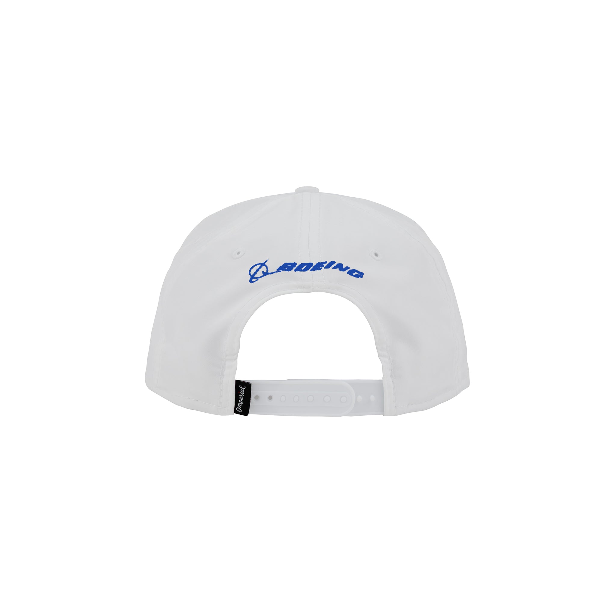 Back view of the Boeing America 250 Performance Hat by BOEING, crafted from recycled performance polyester with blue Boeing logo embroidery above the opening and UPF 50+ sun protection.
