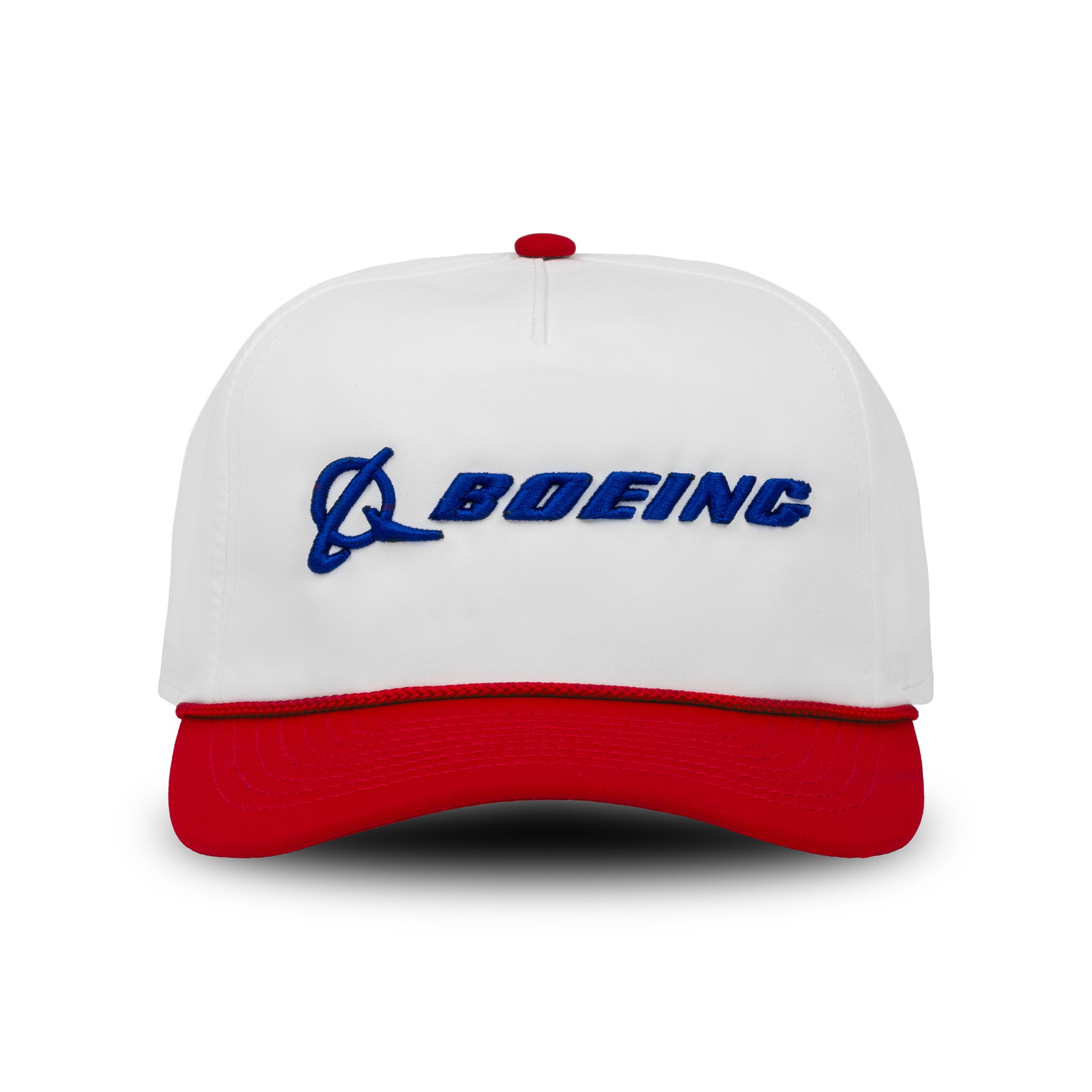 The Boeing Signature Two Tone Performance Rope Hat by BOEING features a white design with a red brim and button, blue embroidered BOEING logo on the front, and is made from moisture wicking recycled polyester for comfort and sustainability.