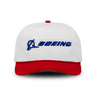The Boeing Signature Two Tone Performance Rope Hat by BOEING features a white design with a red brim and button, blue embroidered BOEING logo on the front, and is made from moisture wicking recycled polyester for comfort and sustainability.