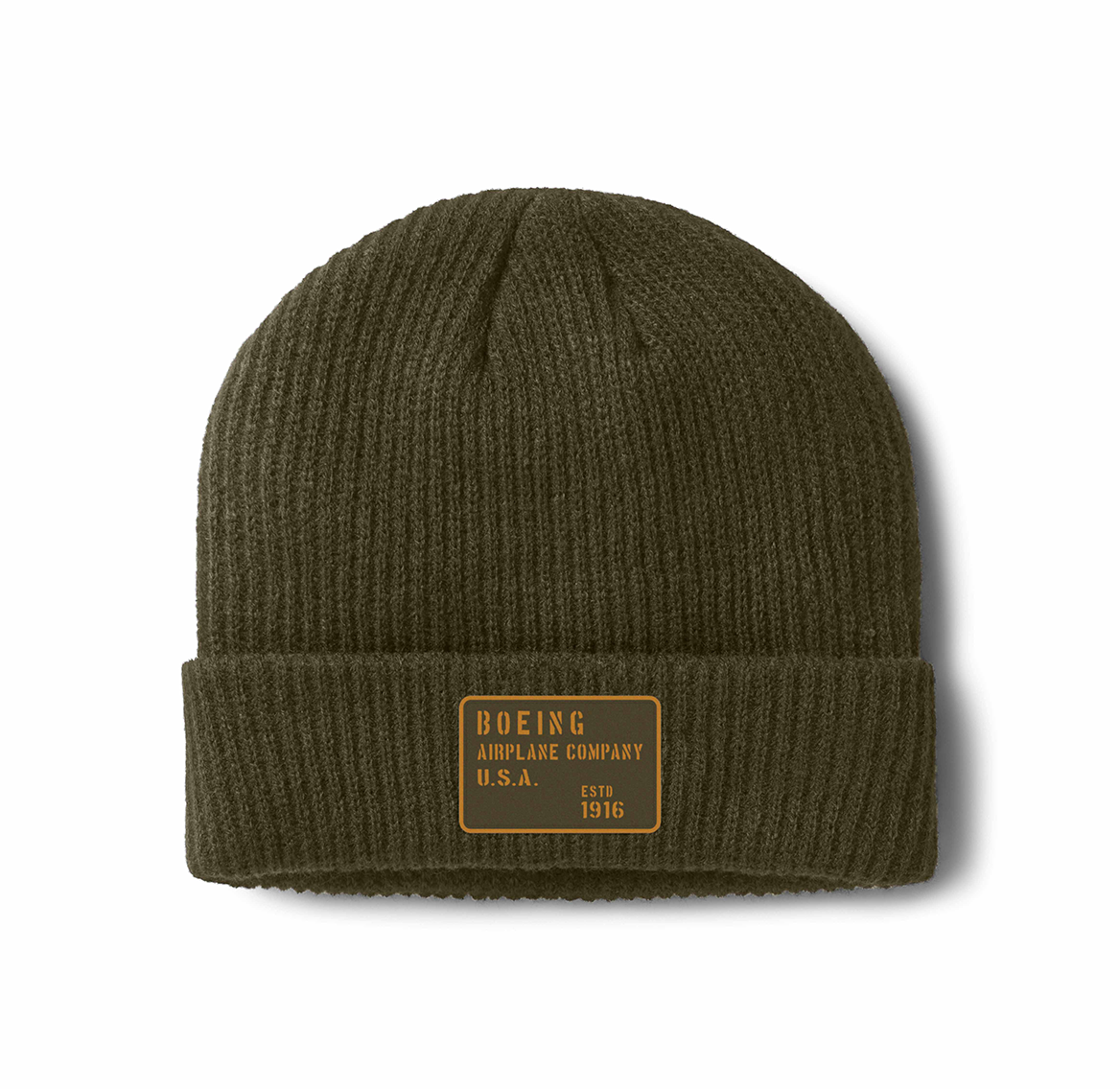 The Boeing Heritage Airplane Company Beanie by BOEING is olive green with a folded brim and front patch reading Boeing Airplane Company U.S.A. Estd 1916 in yellow, shown on a plain white background.