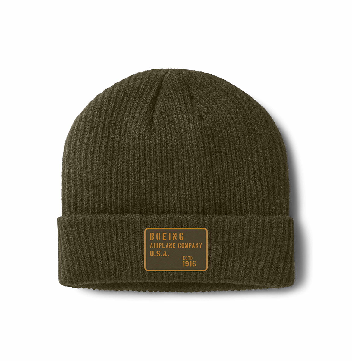 The Boeing Heritage Airplane Company Beanie by BOEING is olive green with a folded brim and front patch reading Boeing Airplane Company U.S.A. Estd 1916 in yellow, shown on a plain white background.