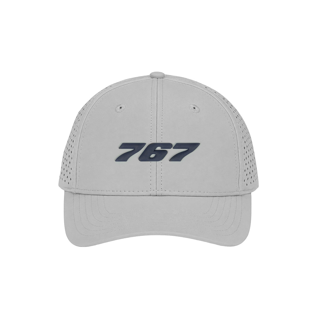 The BOEING 767 Series Hat is a light gray cap featuring the bold, dark “767” number on the front. Designed for breathability, it includes side ventilation holes, visible stitching along the brim, and a snapback closure for an adjustable fit.