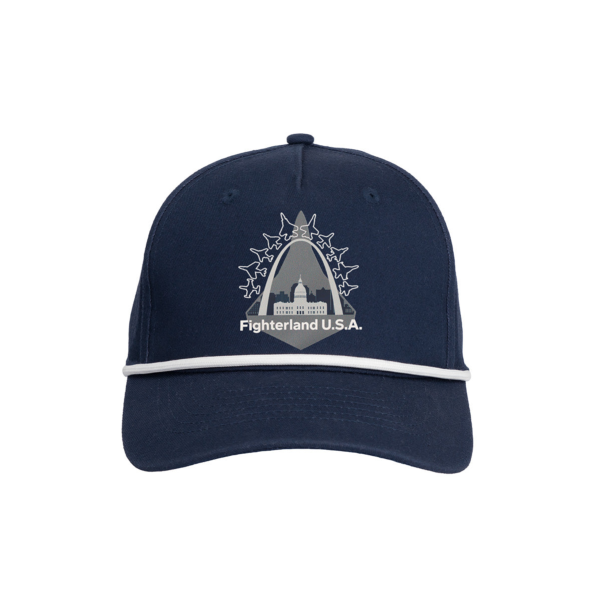 BOEING Boeing St. Louis Fighterland Hat in navy blue with white trim, featuring an arch, fighter jets, and a city skyline graphic above the “Fighterland U.S.A.” text on the front.