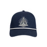BOEING Boeing St. Louis Fighterland Hat in navy blue with white trim, featuring an arch, fighter jets, and a city skyline graphic above the “Fighterland U.S.A.” text on the front.