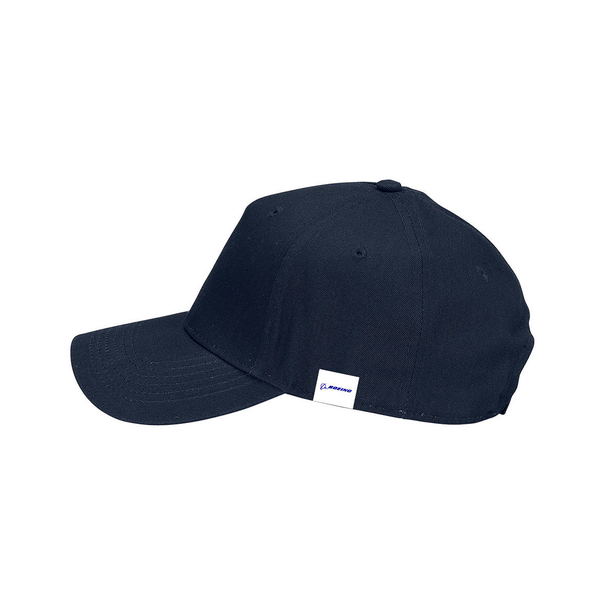 The Boeing E-7 Wedgetail Graphic Hat by BOEING is a plain dark blue cap with a curved brim, side view. It features a subtle white tag with a blue logo on the lower edge—ideal for Boeing fans.