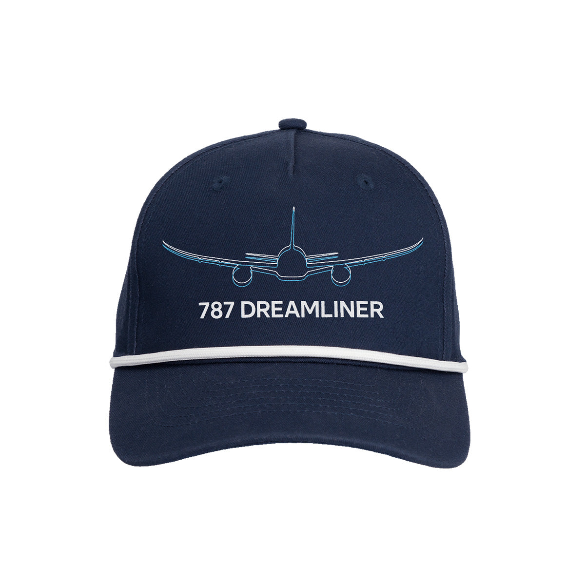 Celebrate 15 years of aviation excellence with the Boeing 787 Dreamliner 15 Year Anniversary Rope Hat from BOEING—a navy blue cap featuring a white outline drawing of an airplane and “787 DREAMLINER” text on the front, perfect for fans seeking an aviation-inspired hat honoring the iconic Boeing 787.