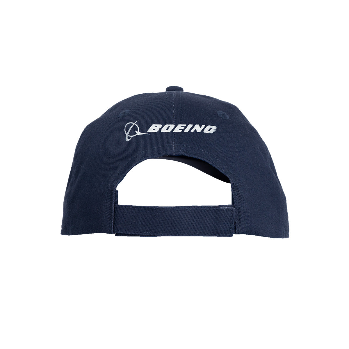 Rear view of the Boeing 787 Dreamliner 15 Year Anniversary Rope Hat by BOEING in navy blue, featuring a Velcro strap and white Boeing logo and text on the back, commemorating the legendary 787 Dreamliner.