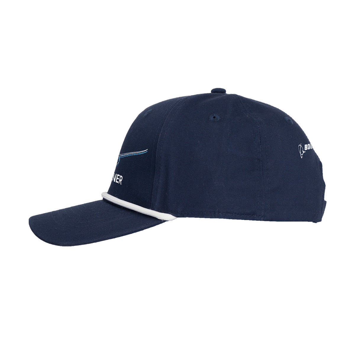 Introducing the BOEING 787 Dreamliner 15 Year Anniversary Rope Hat—a navy blue cap accented with a white rope trim along the brim. This hat features subtle embroidered details, including a small Boeing 787 Dreamliner logo and commemorative text on the side, plus an adjustable strap at the back for a comfortable fit.