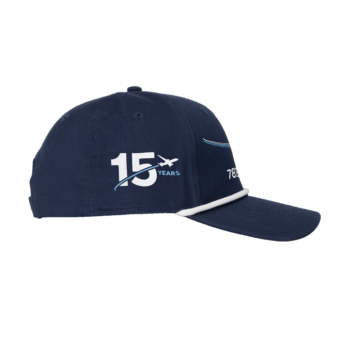 Celebrate aerospace innovation with the BOEING 787 Dreamliner 15 Year Anniversary Rope Hat—a navy blue baseball cap featuring “15 Years” and an airplane graphic on the side, white accents, partial “787” numbers on the front, a curved brim, and stylish rope detailing to honor the legacy of the Boeing 787 Dreamliner.