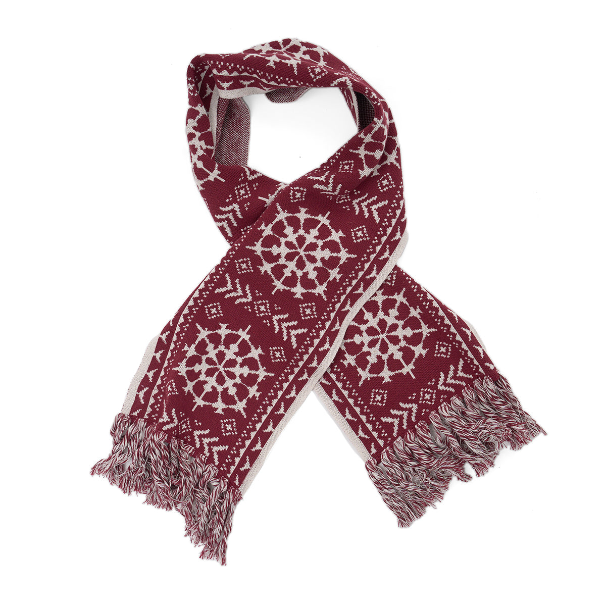 The Boeing 2025 Jet Snowflake Unisex Scarf by BOEING features maroon fabric with white snowflake and geometric designs, plus maroon, white, and gray twisted fringe, all beautifully displayed on a clean white background.