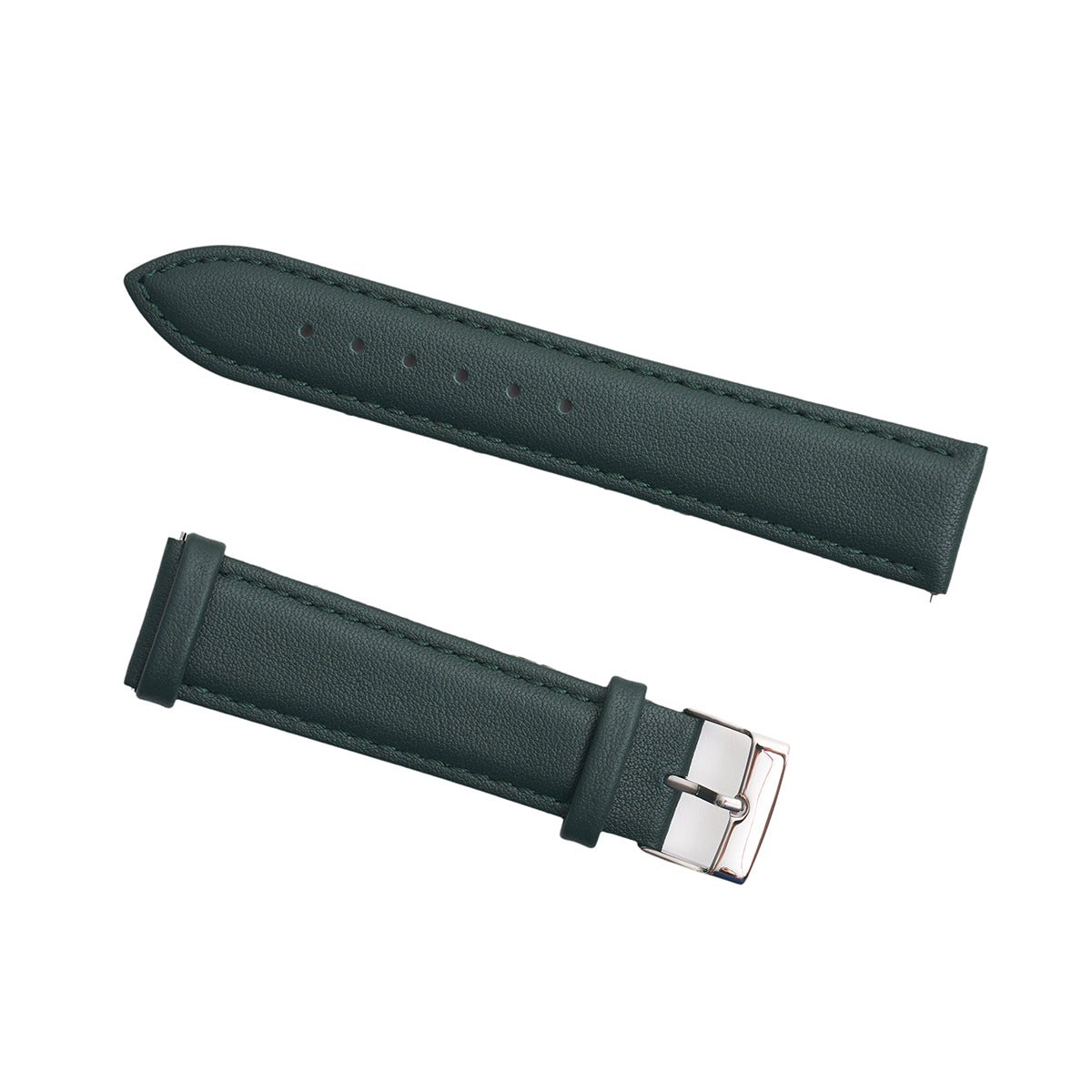 The Boeing Men's Quick Release Watch Band features dark green calf leather with matching stitching and a silver buckle, displayed in two pieces on a white background. Enjoy both style and convenience from the trusted Boeing brand.