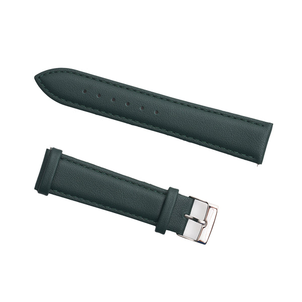 The Boeing Men's Quick Release Watch Band features dark green calf leather with matching stitching and a silver buckle, displayed in two pieces on a white background. Enjoy both style and convenience from the trusted Boeing brand.
