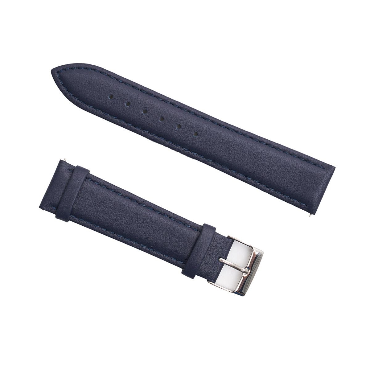 The Boeing Men's Quick Release Watch Band by Boeing features navy blue calf leather in two pieces with a silver buckle, displayed against a white background. This watch band is both stylish and practical.