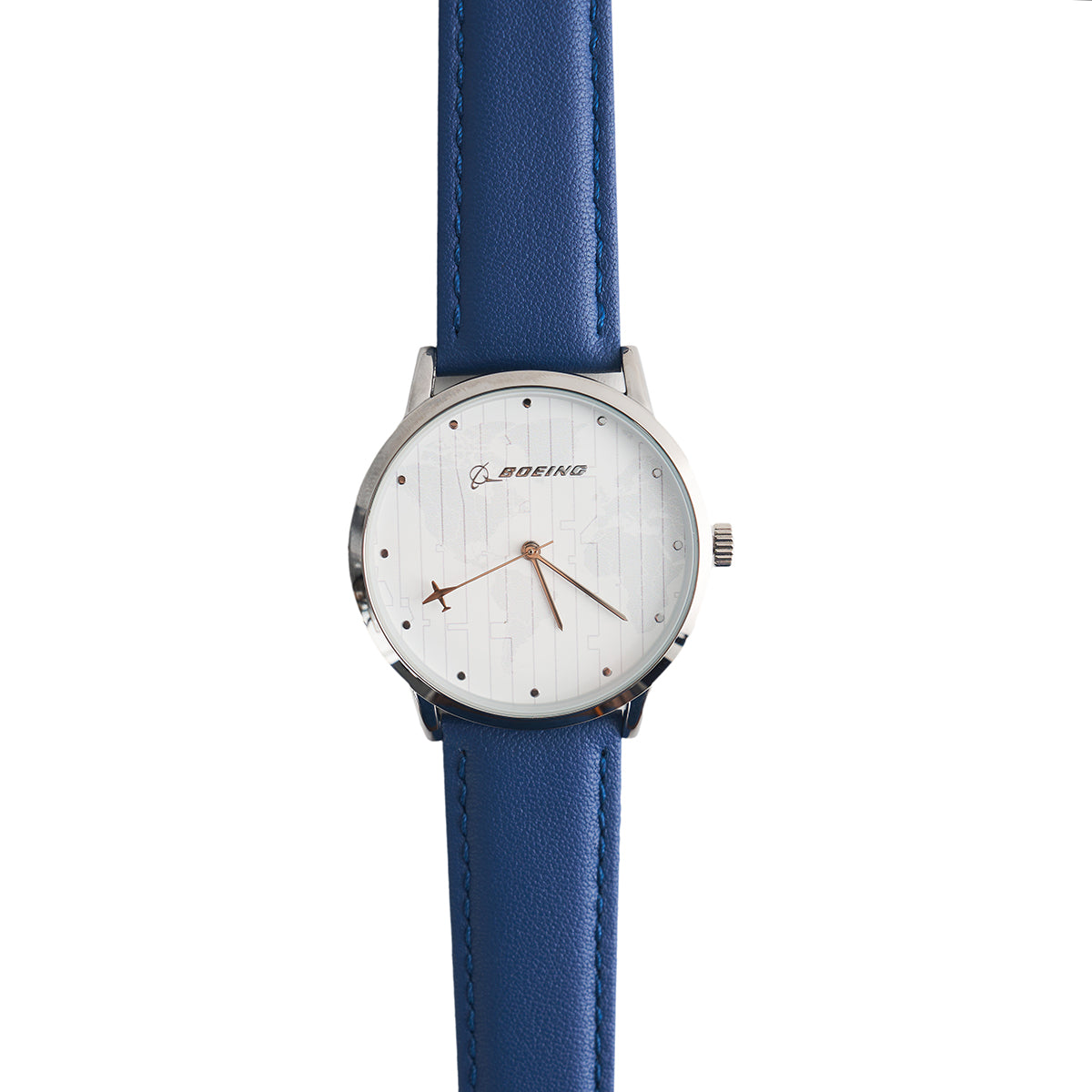 The BOEING Men's Rotating Watch features a blue leather strap, silver case, white face with Boeing logo, minimalist hour markers, and metallic hands. Its modern design is powered by precise Japan quartz movement.