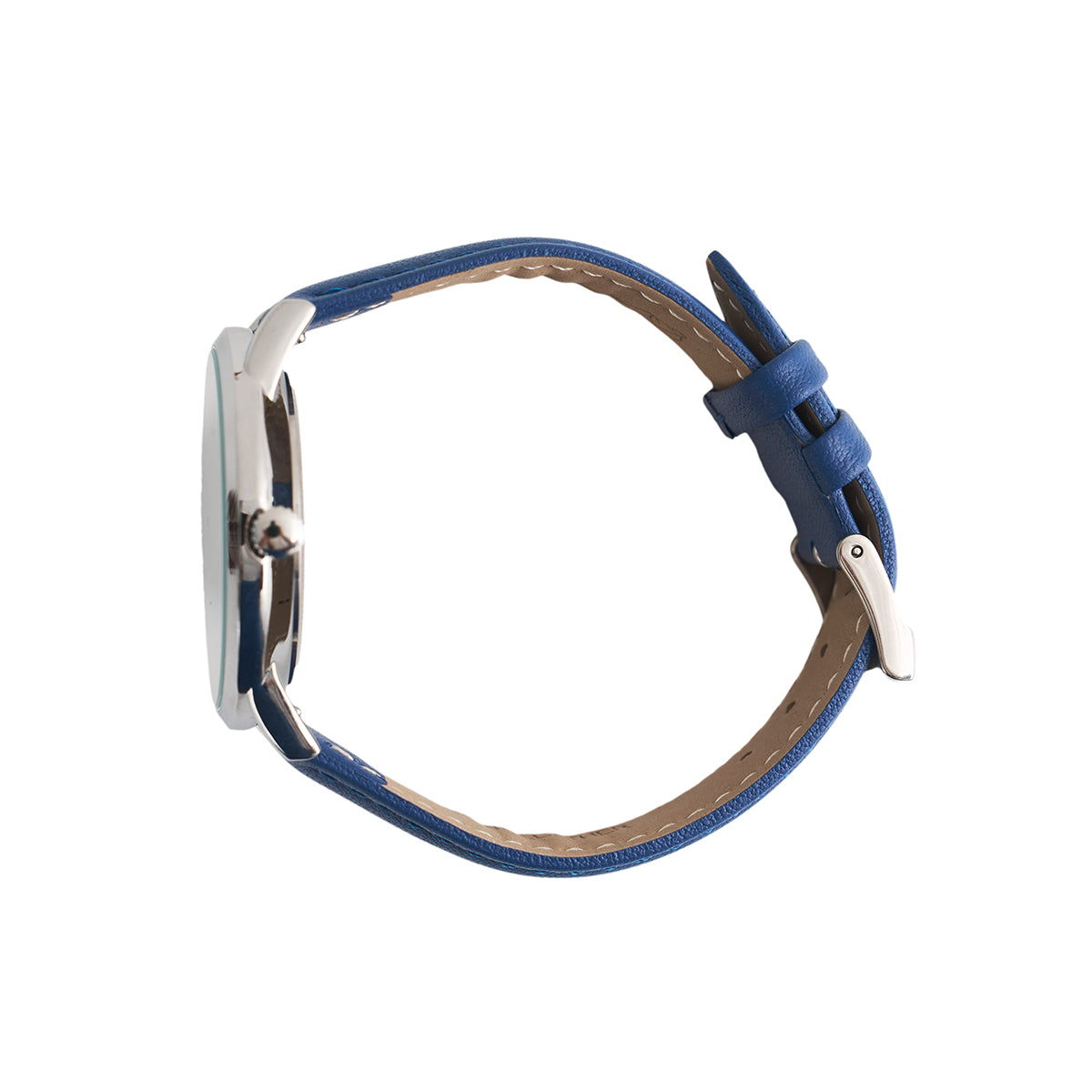 The BOEING Men's Rotating Watch features a white round face, blue leather strap with buckle and strap holes, Japan quartz movement, and is shown from the side against a white background.