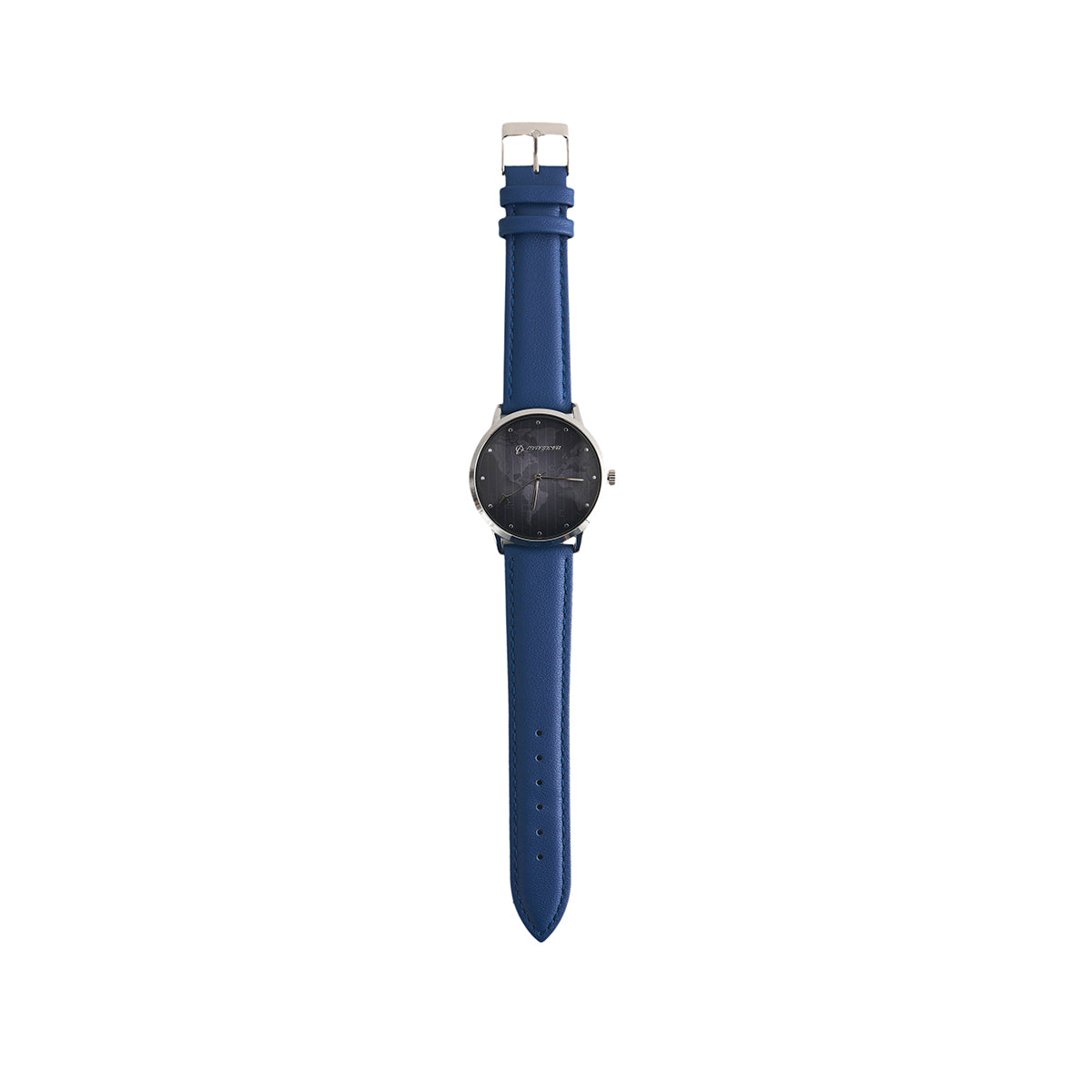 The Boeing Men's Rotating Watch by BOEING features a round black face, silver case, and blue leather strap, shown vertically on a white background.