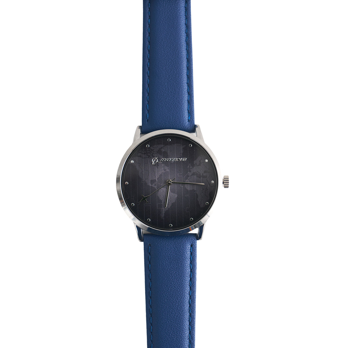 The Boeing Men's Rotating Watch features a black face with subtle world map details, minimalist hour markers, a blue leather strap, round silver case, and the BOEING brand name displayed on the dial.