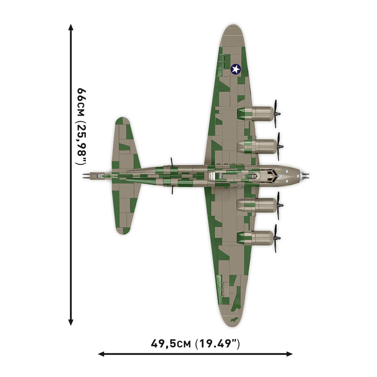 The COBI Boeing B-17 Flying Fortress Memphis Belle Building Kit from The Boeing Store exhibits a top view reminiscent of the historical aircraft, featuring a camouflage design, four propeller engines, and wing star insignia. Its dimensions are 66 cm (25.98) in length and 49.5 cm (19.49) in wingspan.
