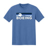 The Boeing Men's Wanderer T-Shirt by BOEING features a white jet silhouette and bold logo over blue chest stripes. Made from a premium tri-blend, this men's crew neck tee offers comfort and style for aviation enthusiasts.