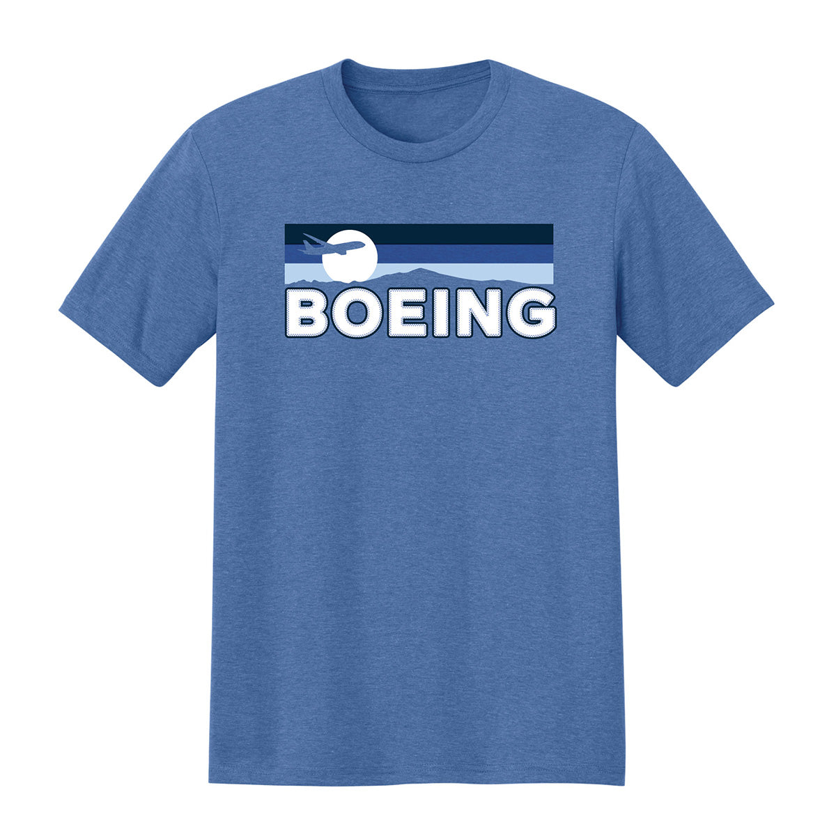 The Boeing Men's Wanderer T-Shirt by BOEING features a white jet silhouette and bold logo over blue chest stripes. Made from a premium tri-blend, this men's crew neck tee offers comfort and style for aviation enthusiasts.