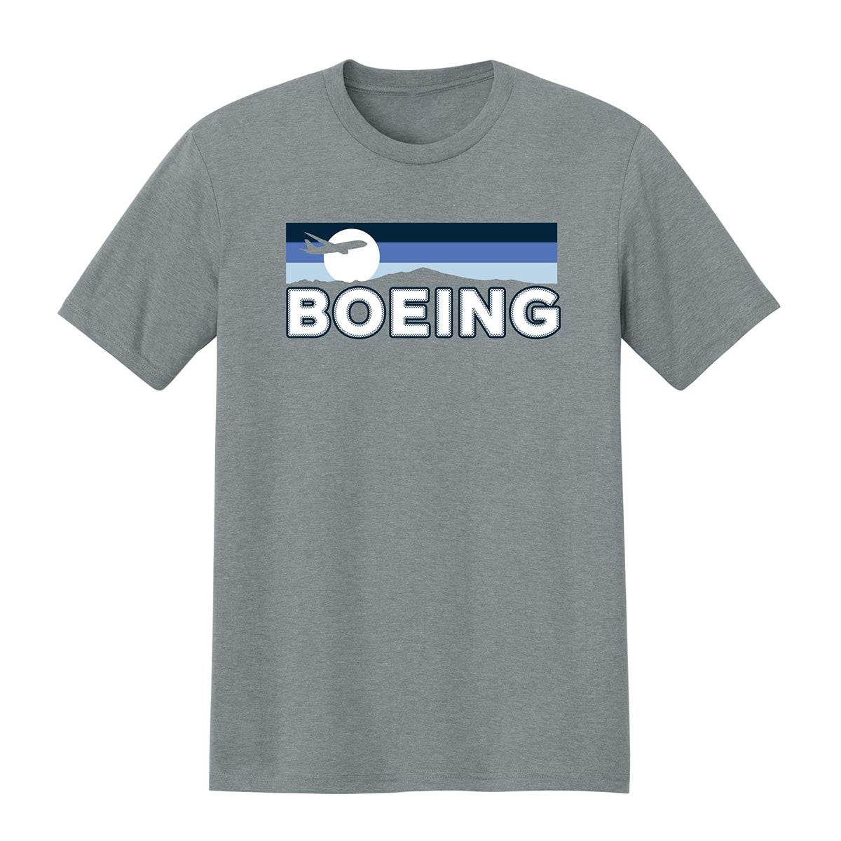 The Boeing Men's Wanderer T-Shirt by BOEING features a gray crew neck with retro blue stripes, a white airplane and mountain design, bold BOEING lettering, and is made from premium tri-blend fabric—ideal for aviation fans.