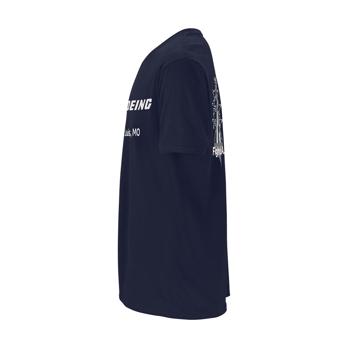 Side view of the Boeing St. Louis Fighterland Unisex T-Shirt in navy blue by BOEING, featuring bold white “BOEING” text along the side and additional white graphics and text—referencing Boeing fighter aircraft—partially visible on the front and back.