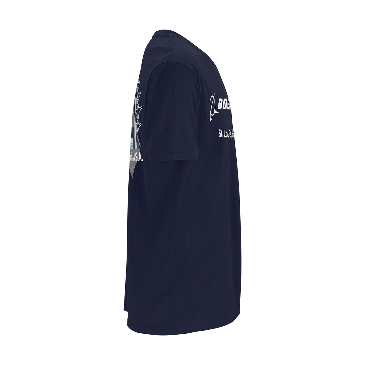A side-view of the Boeing St. Louis Fighterland Unisex T-Shirt by BOEING in navy blue, featuring white graphics and text inspired by Boeing fighter aircraft printed on the front and sleeve.