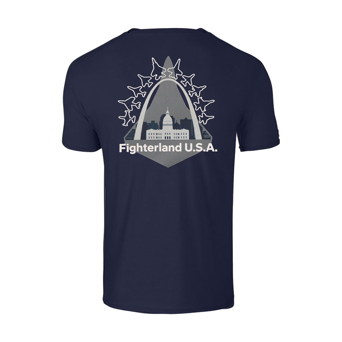 BOEING St. Louis Fighterland Unisex T-Shirt in navy blue, showcasing a bold graphic of Boeing fighter jets flying over a city skyline and an arch, with the prominent “Fighterland U.S.A.” lettering.