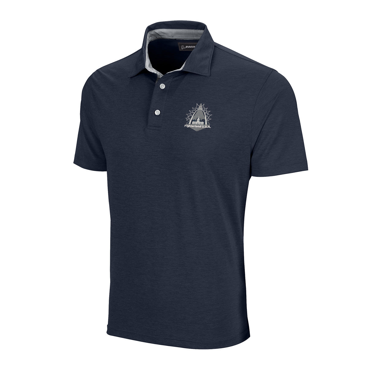 Introducing the Boeing St. Louis Fighterland Men’s Polo by BOEING—a navy blue short-sleeve polo shirt featuring a three-button placket and a small embroidered sailboat and compass rose logo on the left chest. Crafted with moisture-wicking fabric, this polo offers comfort and style for your adventures at Fighterland USA or wherever your day takes you.