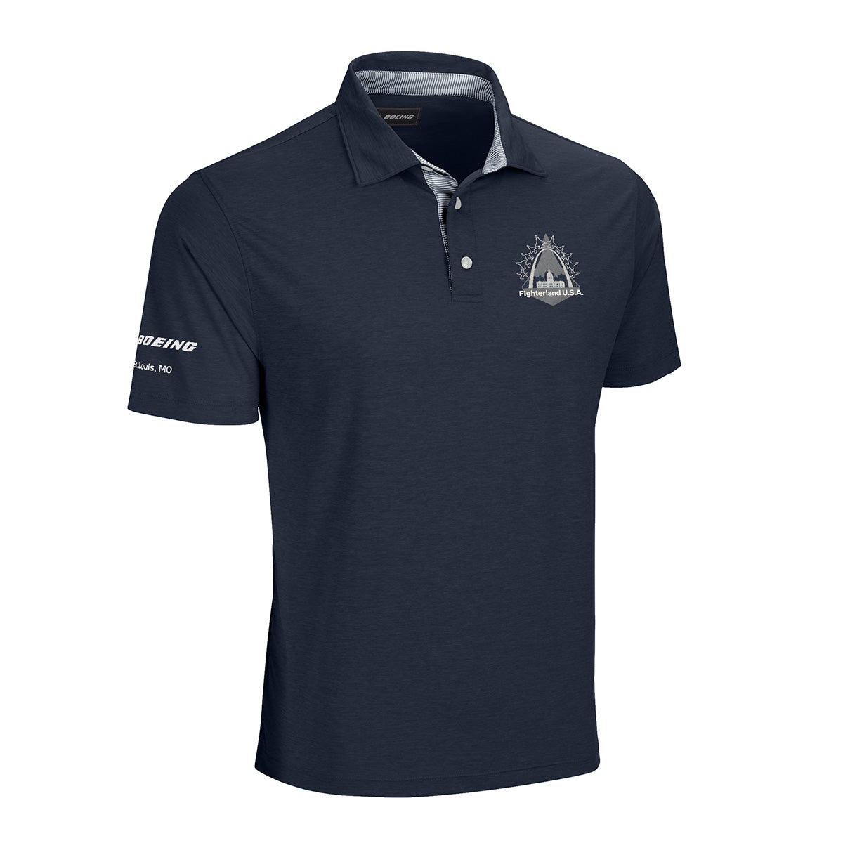 The Boeing St. Louis Fighterland Men’s Polo by BOEING is a navy blue, short-sleeve polo shirt crafted with moisture-wicking fabric, featuring the St. Louis Gateway Arch logo on the left chest and “BOEING, St. Louis, MO—Fighterland USA” text on the left sleeve.