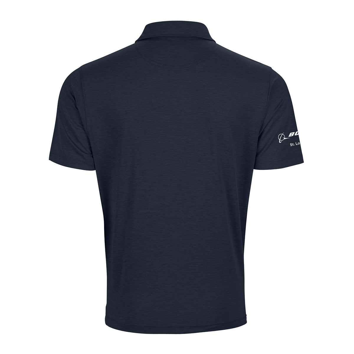 A rear view of the Boeing St. Louis Fighterland Men’s Polo by BOEING showcases its navy blue, short-sleeve design with a classic collar and understated white logo text on the right sleeve. Made from moisture-wicking fabric for all-day comfort, this polo is plain with no other visible decorations or markings.