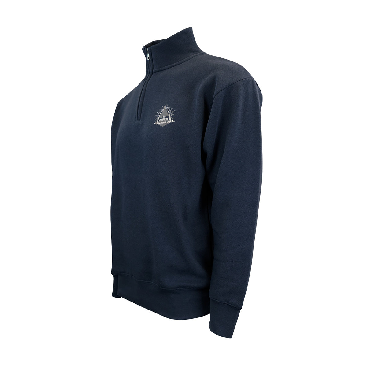 Navy blue Boeing St. Louis Fighterland Unisex Quarter-Zip by BOEING, featuring a small embroidered logo on the left chest, crafted from soft brushed back fleece and displayed on a mannequin against a white background.